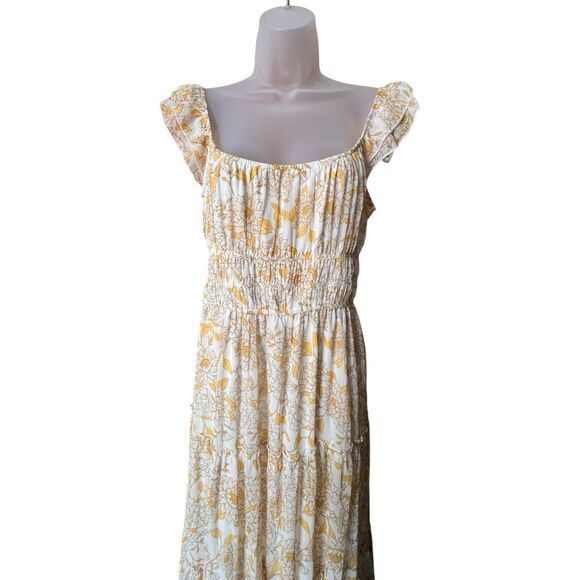 Trixxie Yellow Floral Ruffled Maxi Dress Sz L Milkmaid Boho Cottagecore Prairie - Picture 8 of 14
